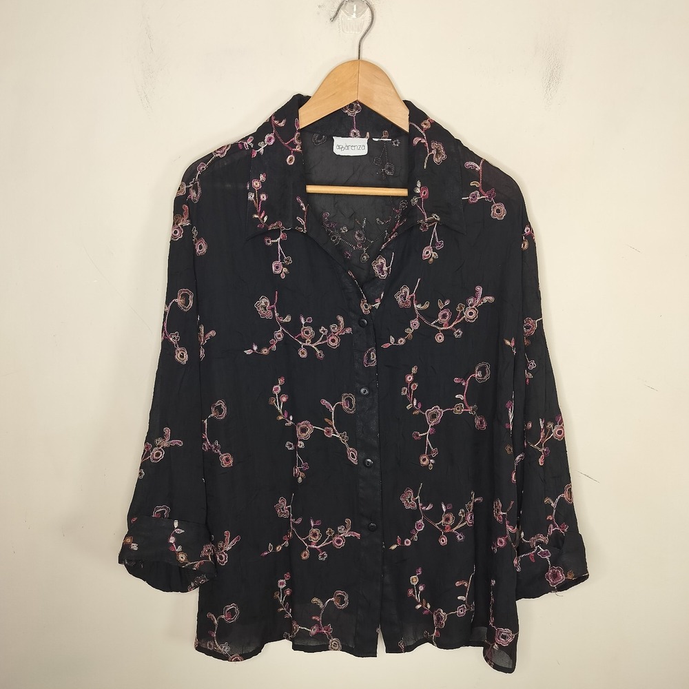 Apparenza Floral Embroidered Shirt Sheer‎ Button Down
